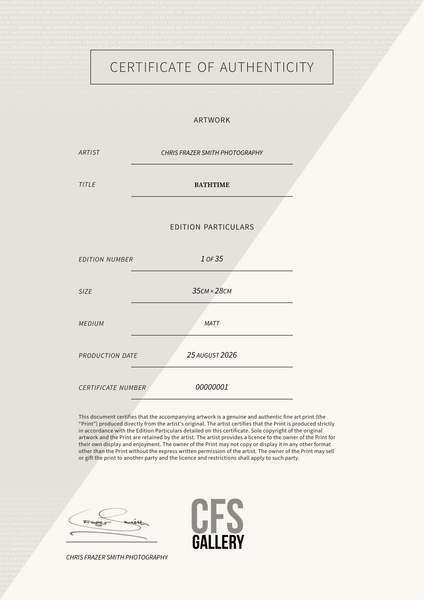 Bathtime — Certificate of Authenticity